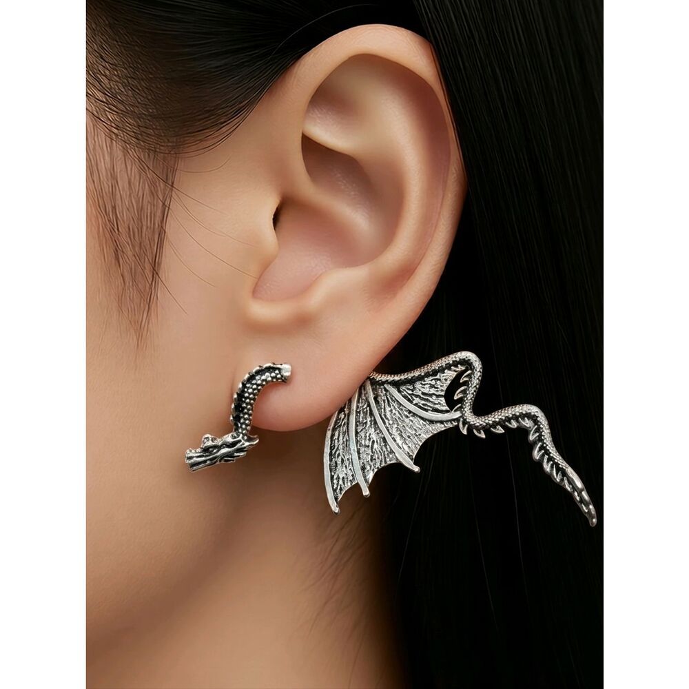 Silver Dragon Ear Jacket Earrings Gothic Fantasy Winged Dragon Cosplay Jewelry
